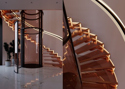 Kragarmtreppe mit Glasstufen - cantileverd Glastreppe mit Bronze Glas und LED Siller