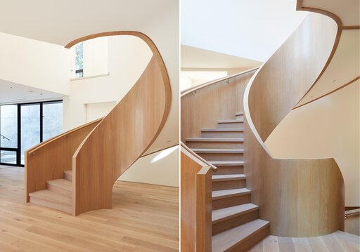 Palo Alto Bogentreppe mit Holzfurnier - Designtreppe gebogen repräsentativ Treppe Siller Treppen Palo Alto SFMH Atherton Interiors 11
