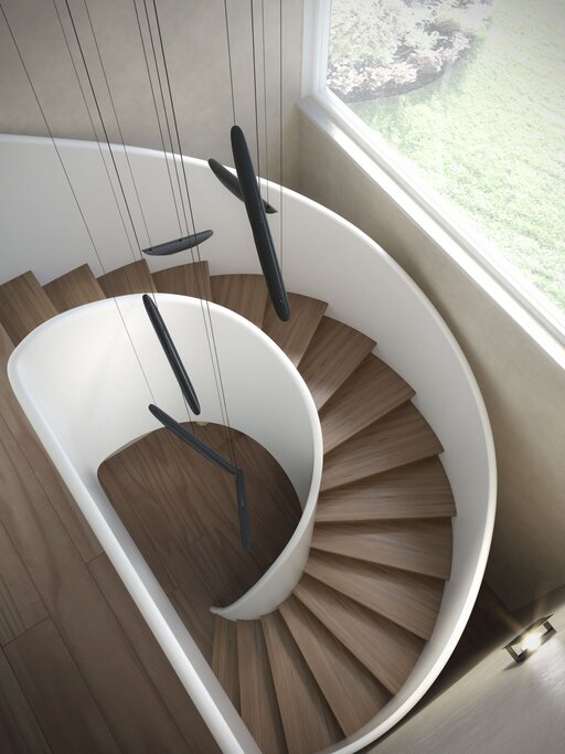 Tornado – Escalier en bois courbé aux lignes fluides et organiques